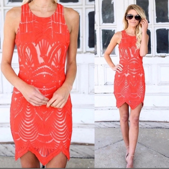 Tea & Cup red mini dress lace cutout sz Medium - Picture 1 of 8